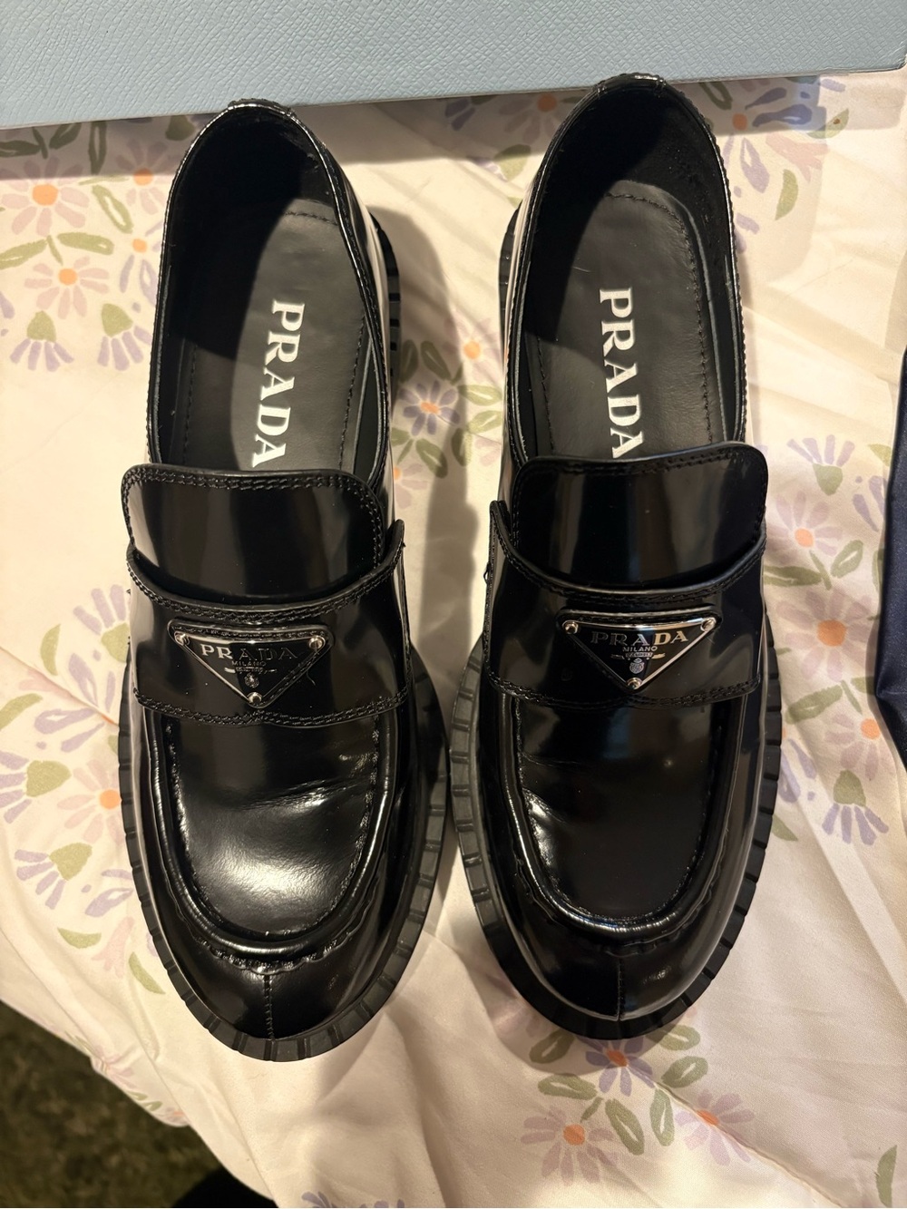 Women's Prada Black Patent Leather Penny Loafers with Logo Plaque - Picture 2 of 8